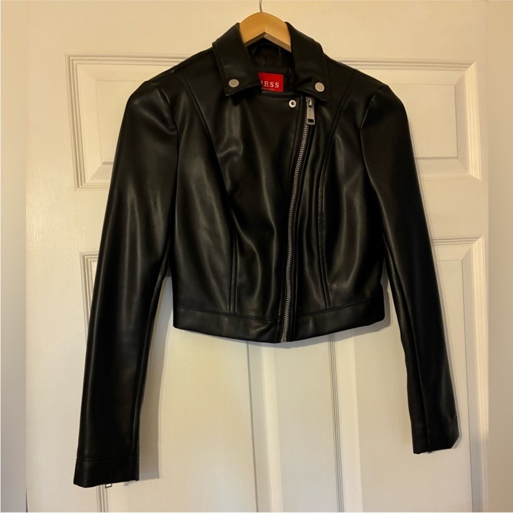Guess Women's Sleek Black Vegan Leather Jacket Cropped